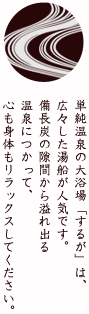 単純温泉の大浴場「するが」は、広々した湯船が人気です。備長炭の隙間から溢れ出る温泉につかって、心も身体もリラックスしてください。